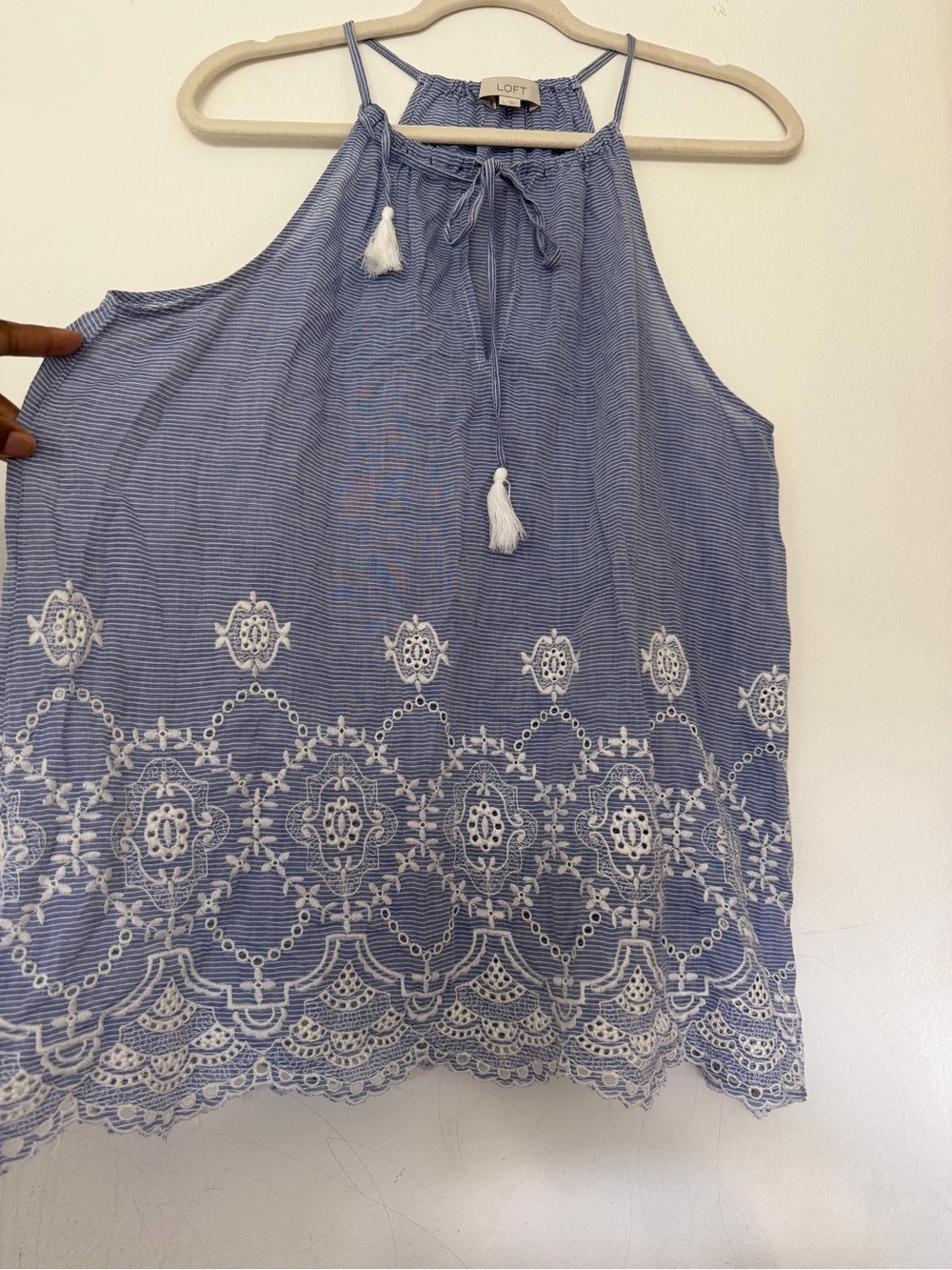 LOFT Blue Striped Halter Tank with White Embroidered Hem